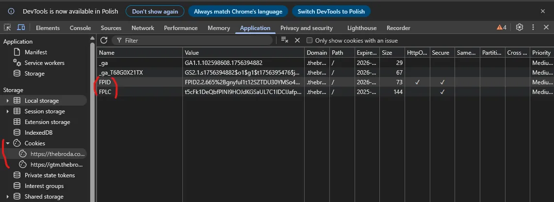 Chrome DevTools, вкладка Application: cookies сайту _ga, _ga_…, FPID і FPLC