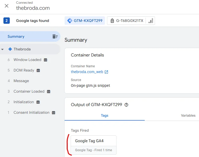 Tag Assistant: підключено thebroda.com, знайдено контейнер GTM і тег GA4, у розділі Tags Fired спрацював Google Tag GA4