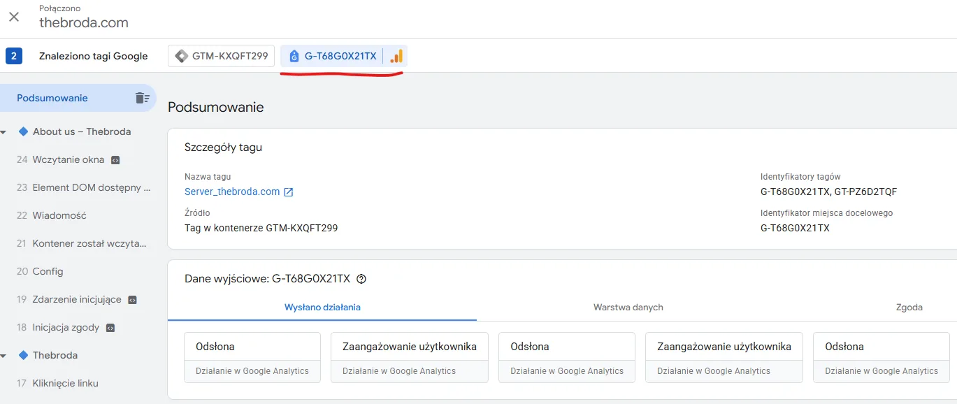 Tag Assistant польською: вкладка ідентифікатора G-T68G0X21TX і надіслані події Odsłona та Zaangażowanie użytkownika