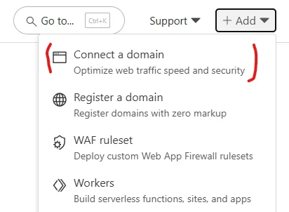 Меню Add у Cloudflare з пунктом Connect a domain