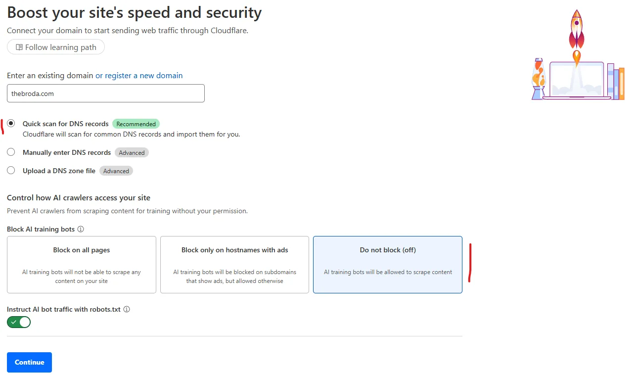 Cloudflare: поле домену, вибрано Quick scan for DNS records, нижче налаштування доступу AI-ботів