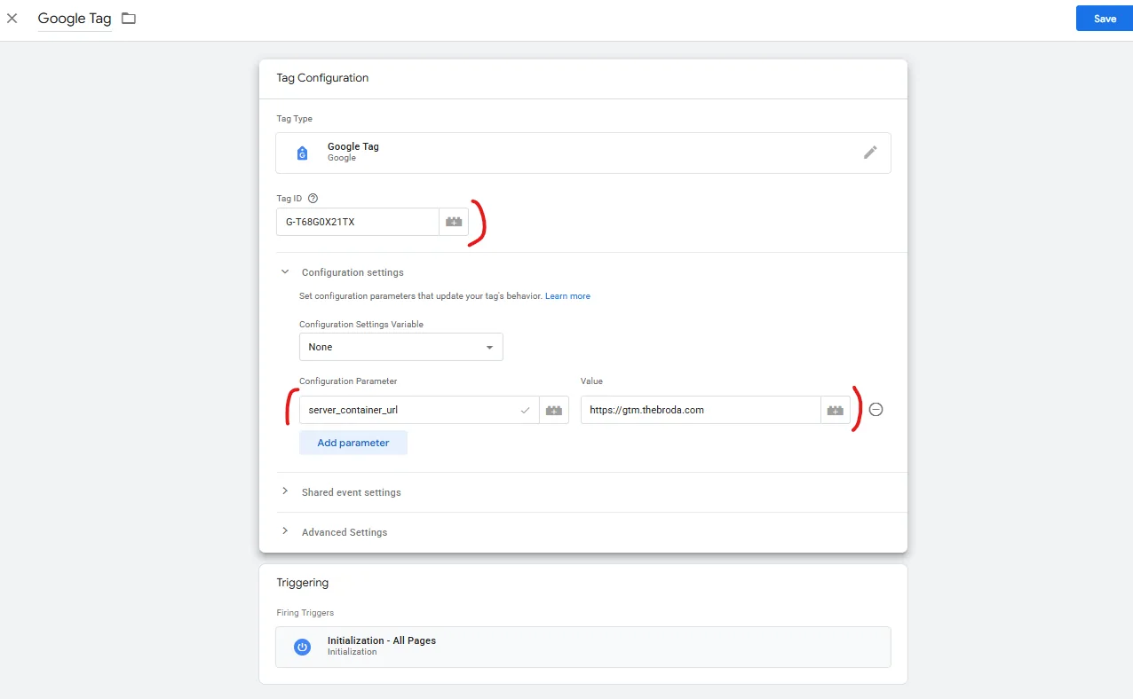 Google Tag у GTM: Tag ID, параметр server_container_url з адресою піддомена і тригер Initialization – All Pages