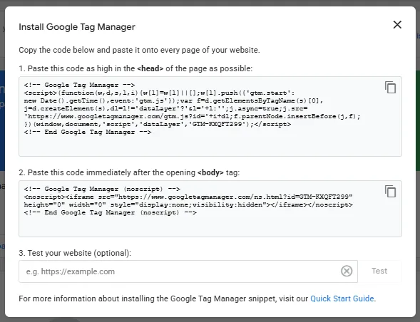 Вікно Install Google Tag Manager з двома фрагментами коду: для head і для body сторінки