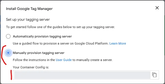 Вікно Install Google Tag Manager: вибрано Manually provision tagging server, рядок Container Config приховано