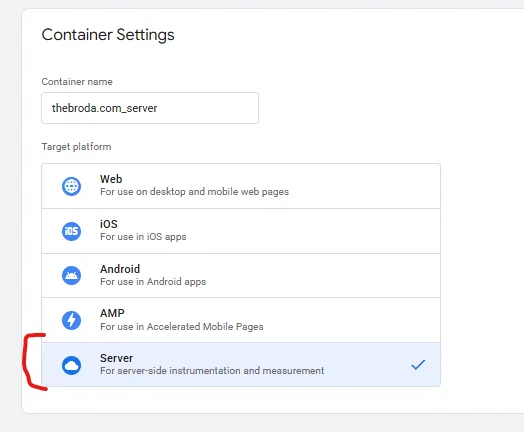 Google Tag Manager: створення контейнера thebroda.com_server з вибраною платформою Server