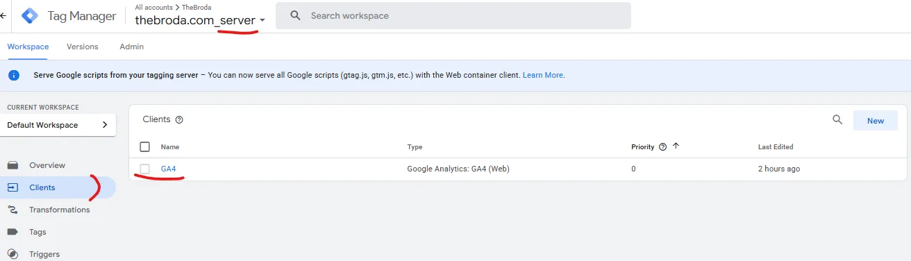 Серверний контейнер GTM: розділ Clients із клієнтом GA4 типу Google Analytics: GA4 (Web)
