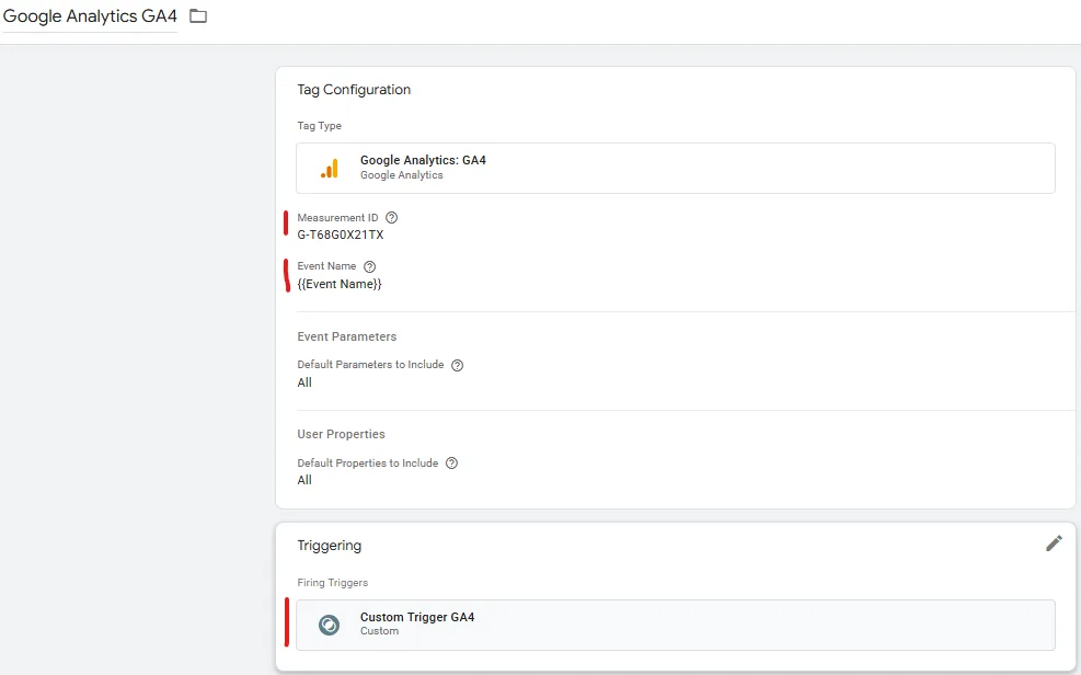 Серверний тег Google Analytics: GA4 з Measurement ID, назвою події з вбудованої змінної Event Name і тригером Custom Trigger GA4
