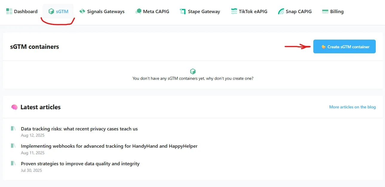 Кабінет Stape: вкладка sGTM і кнопка Create sGTM container
