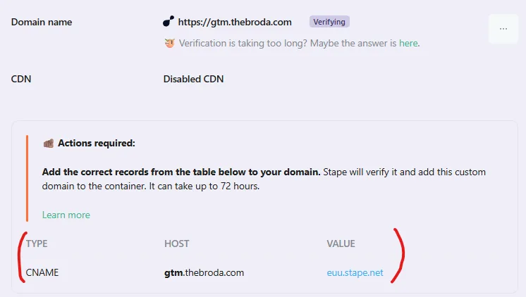 Stape: домен у статусі Verifying і запис CNAME, який треба додати в DNS