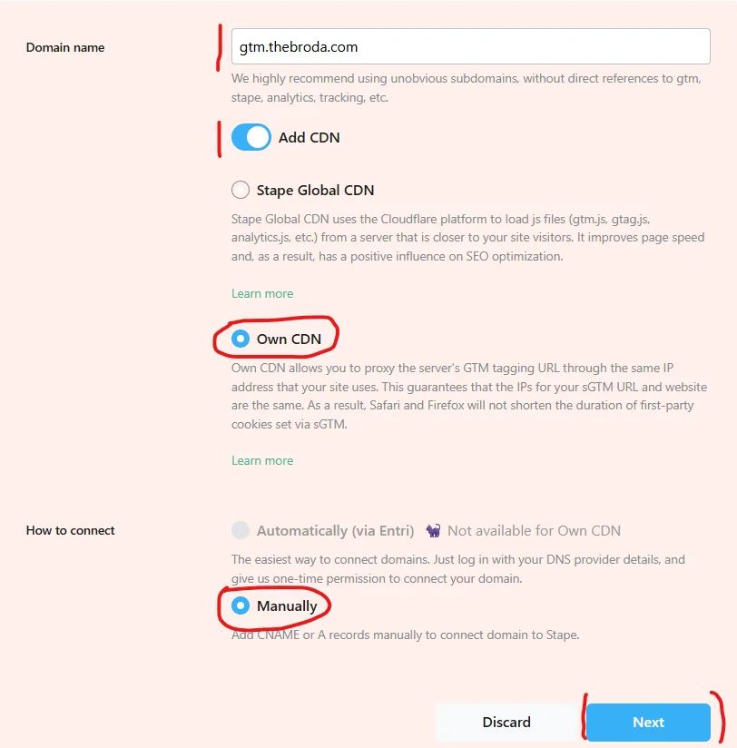 Stape: увімкнено Add CDN, вибрано Own CDN і ручне підключення